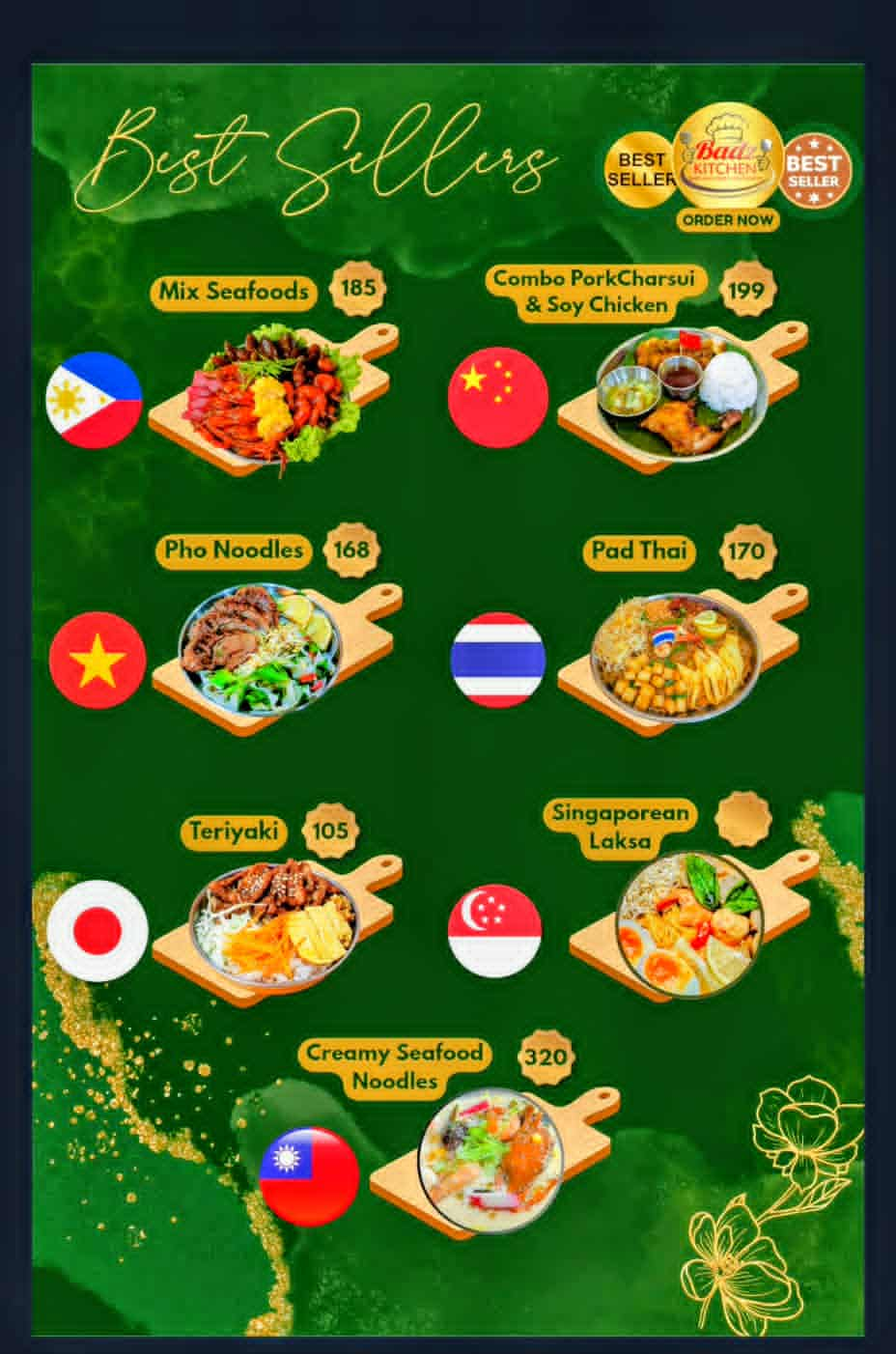 Badz Kitchen Best Sellers Menu – Mix Seafoods, Combo Pork Charsui & Soy Chicken, Pho Noodles, Pad Thai, Teriyaki, Singaporean Laksa, Creamy Seafood Noodles with prices in PHP